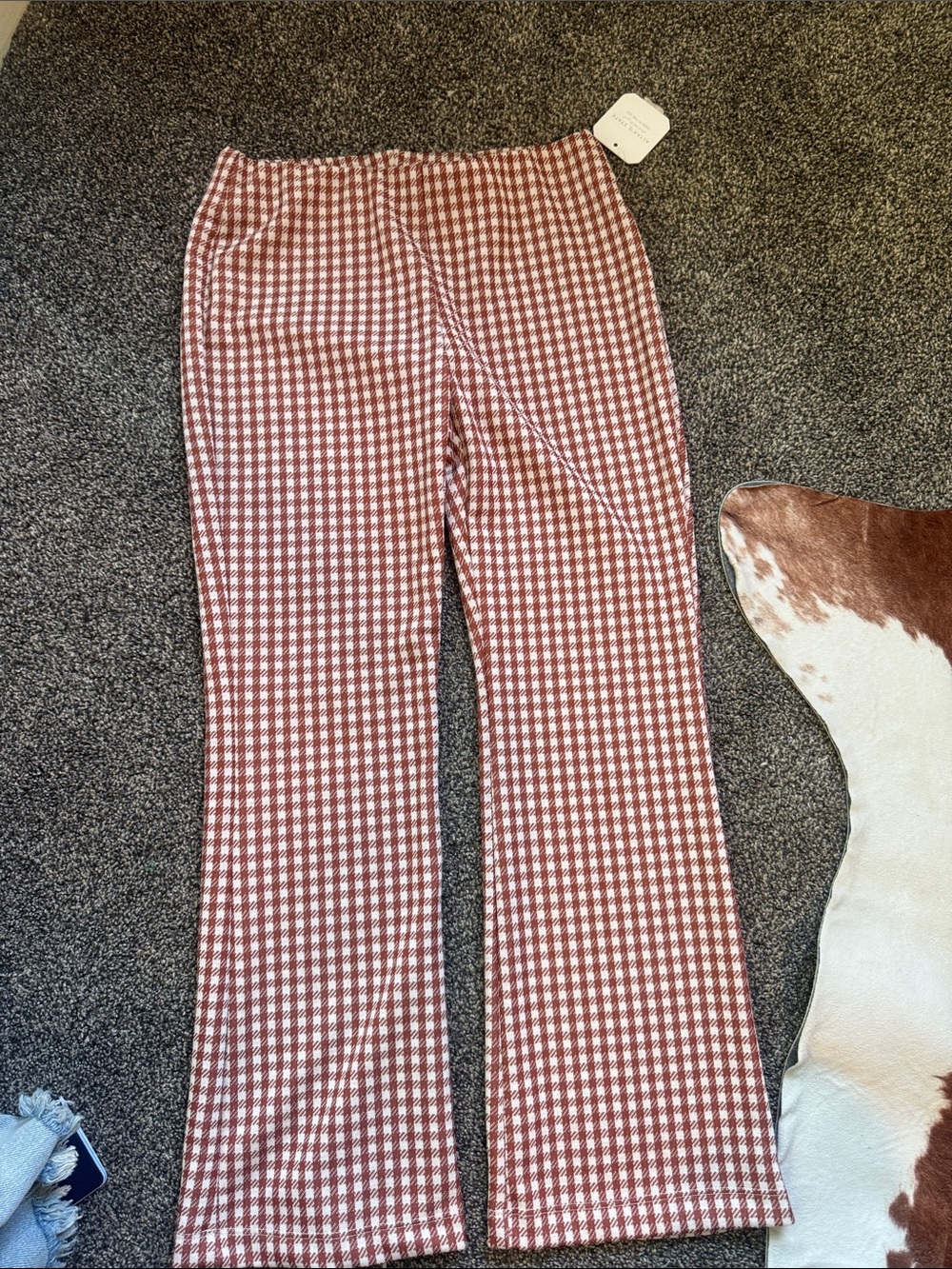 Sz Sm - Gingham Flare Ankle Crop Pants - Rust & Cream